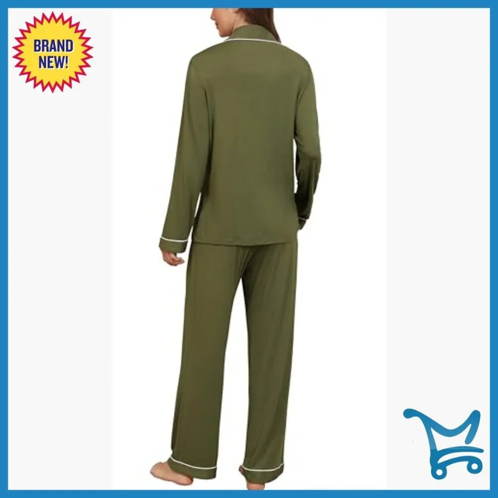 Soft Long Sleeve Pajama Set Button Down Viscose Spandex Lounge Wear